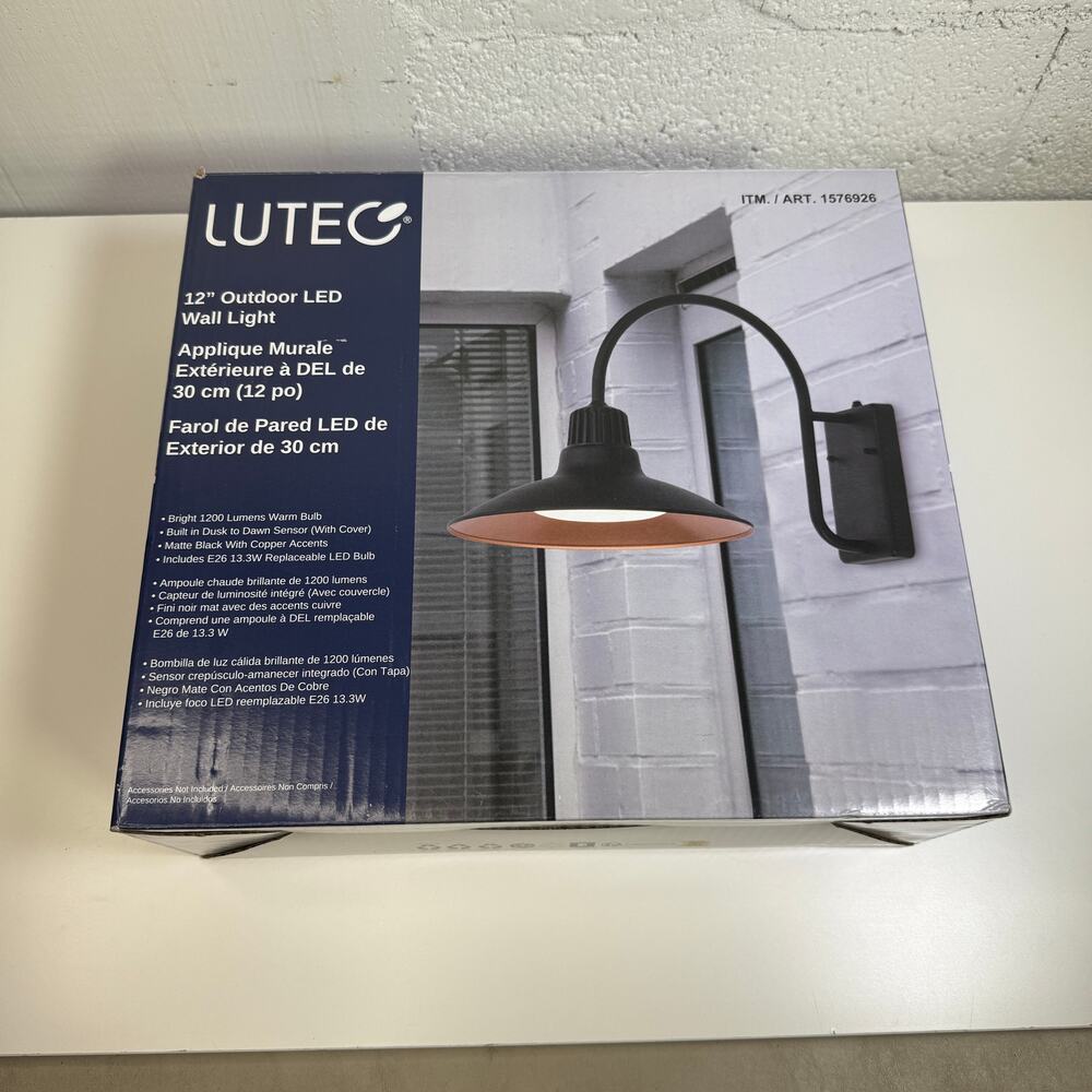 Lutec 12" Barnlight Outdoor Wall Light black/copper, Dusk to dawn
